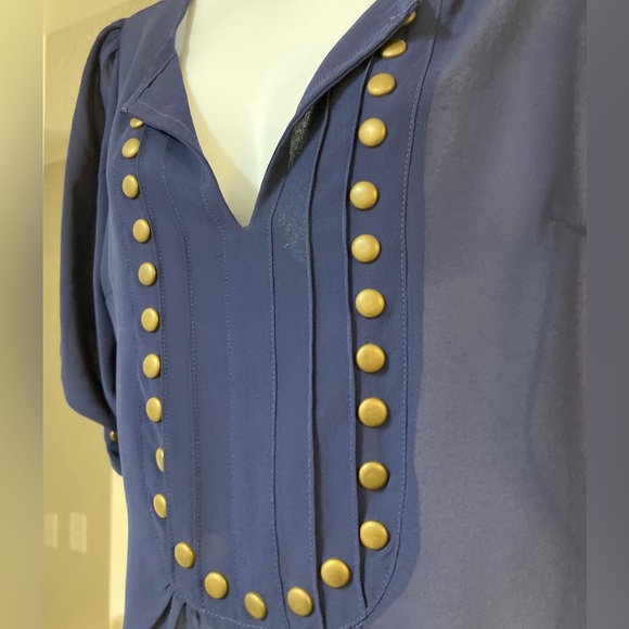 Sheer Navy Blouse w/ Gold Button Accents - Picture 3 of 7